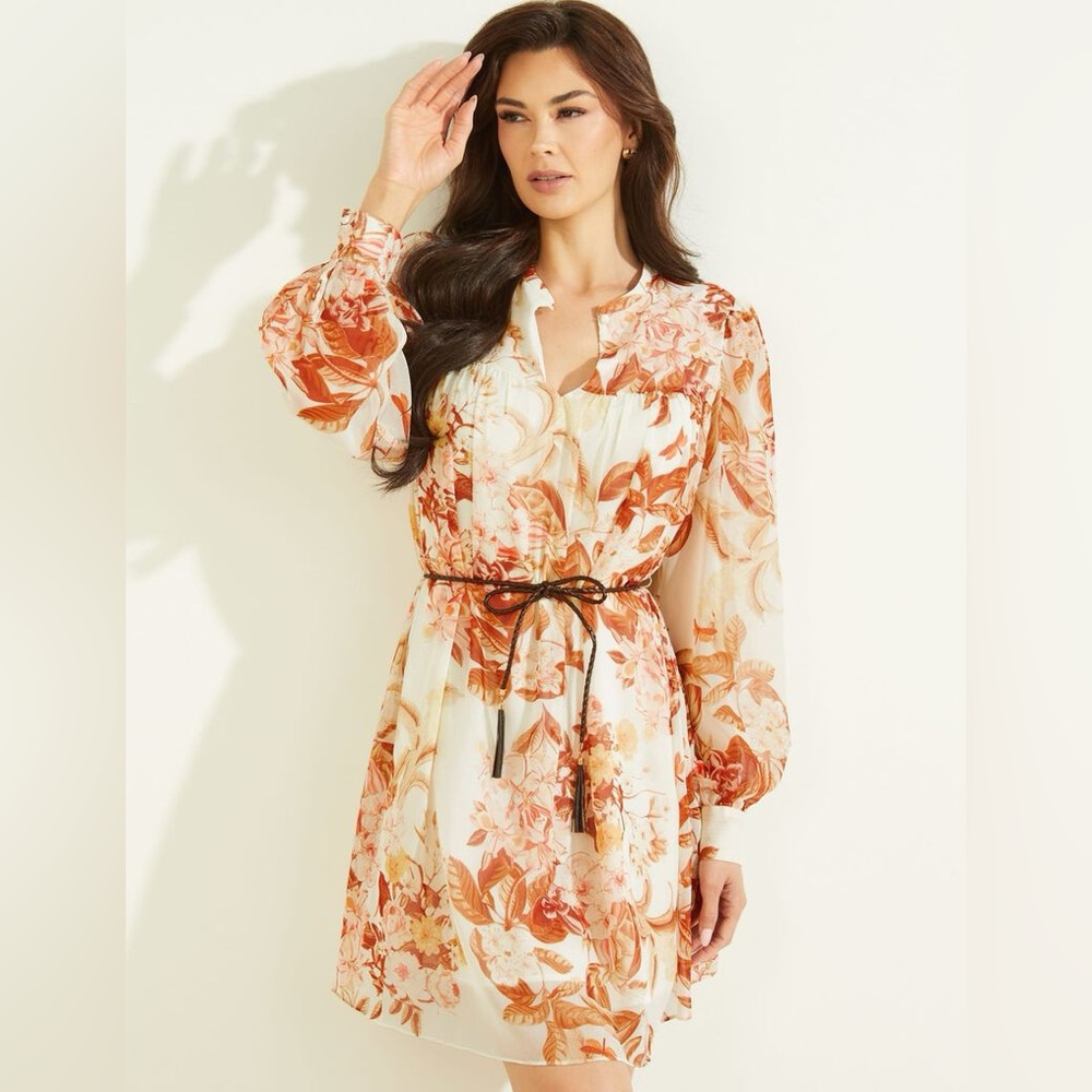 New Guess Morgane Dress Long Sheer Sleeve Forest Floral Belted Size XS